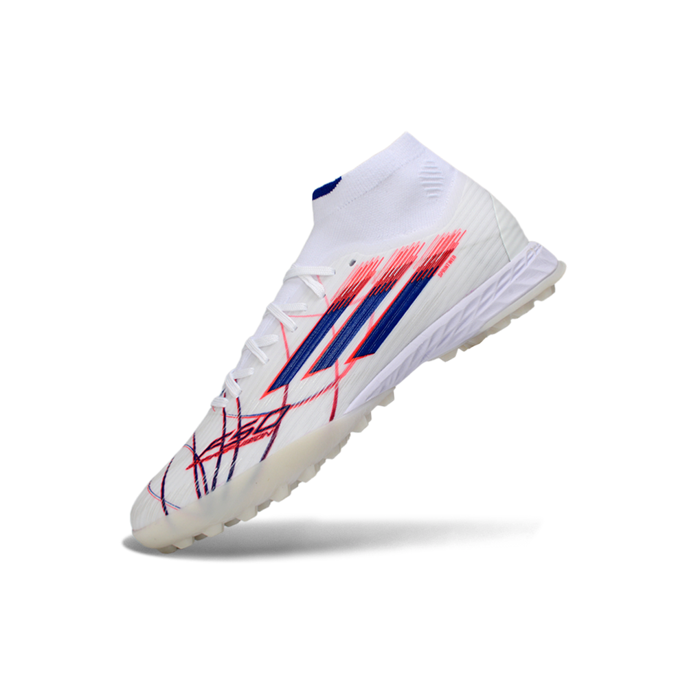 Chuteira Society Adidas F50 Cano Médio TF Branco, Azul e Vermelho