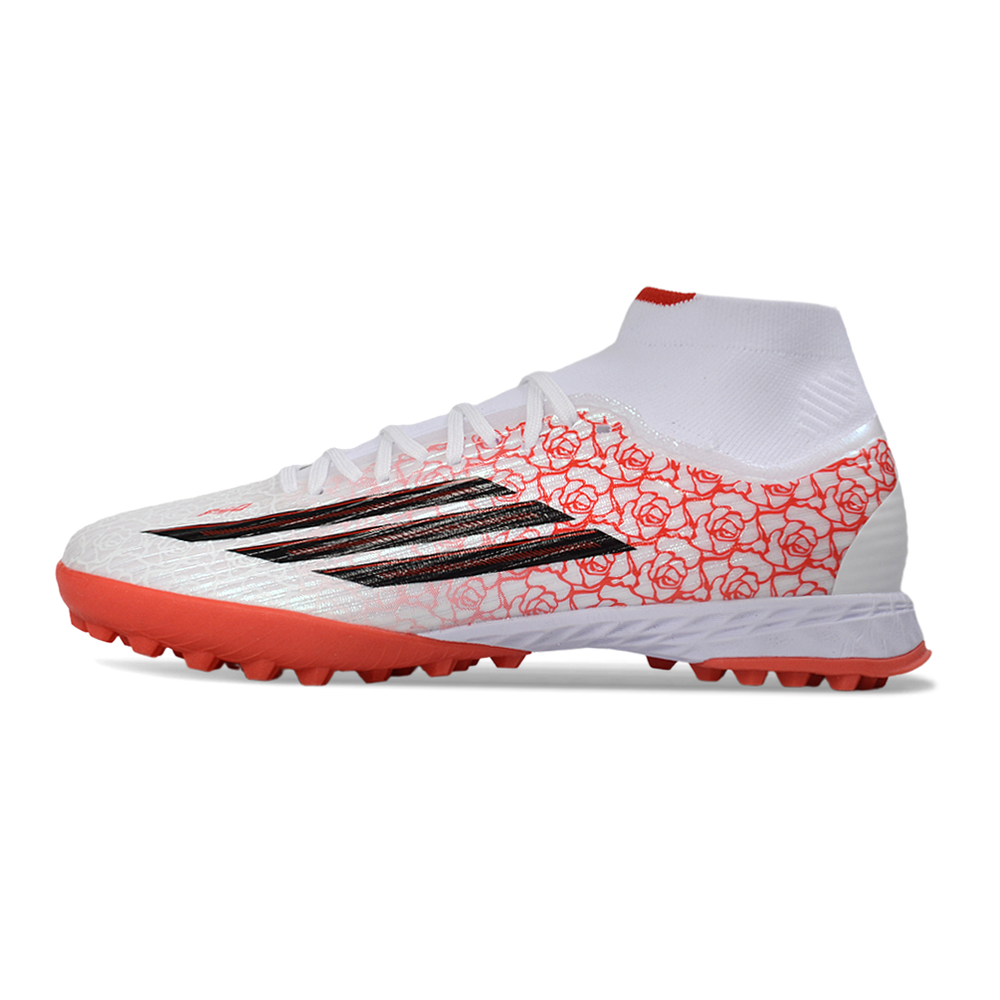 Chuteira Society Adidas F50 Cano Médio TF Branco e Vermelho