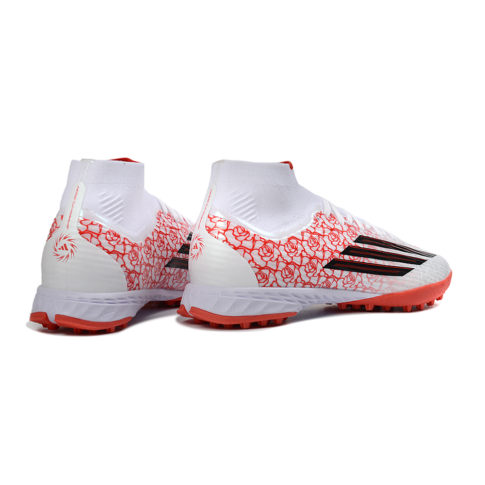 Chuteira Society Adidas F50 Cano Médio TF Branco e Vermelho