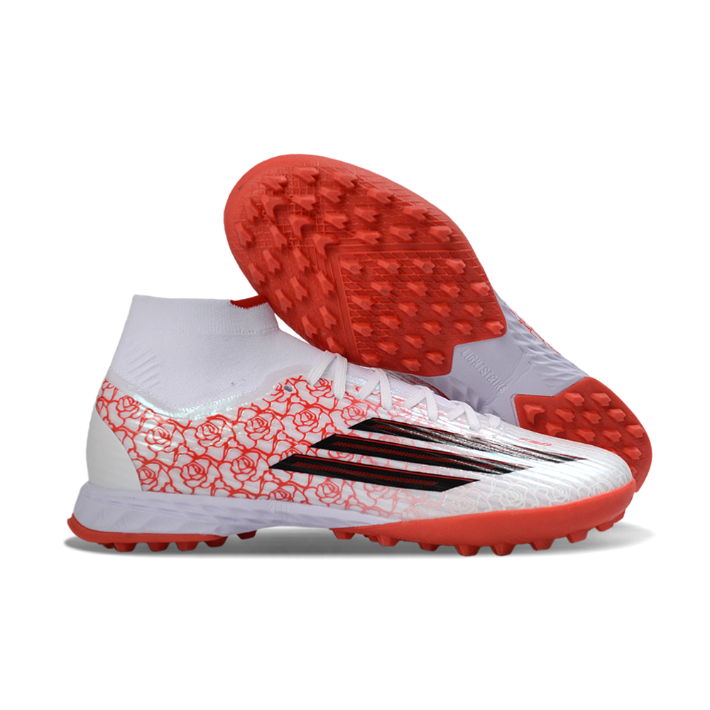 Chuteira Society Adidas F50 Cano Médio TF Branco e Vermelho