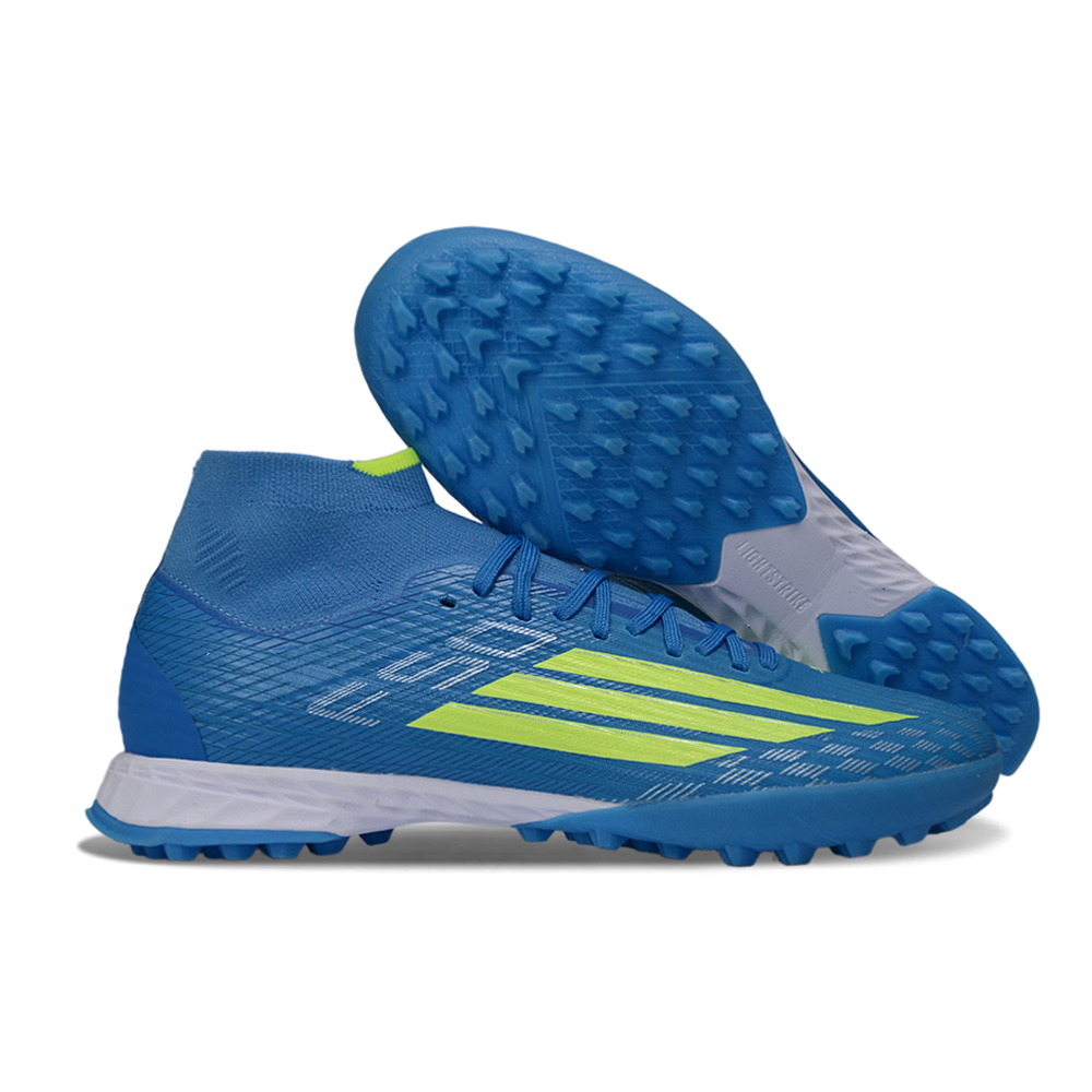 Chuteira Society Adidas F50 Cano Médio TF Azul e Verde