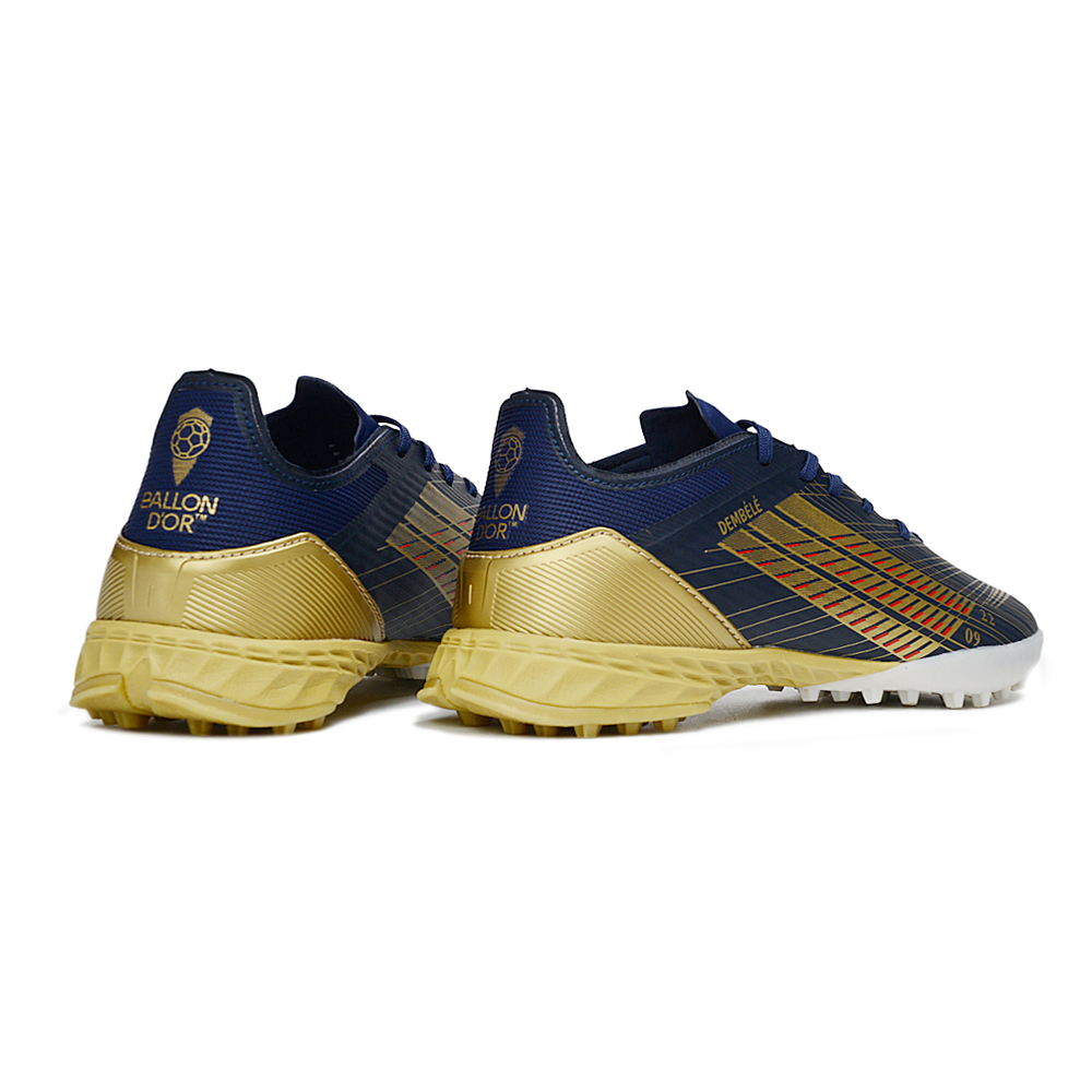 Chuteira Society Adidas F50 TF Azul Marinho e Dourado "Dembélé"