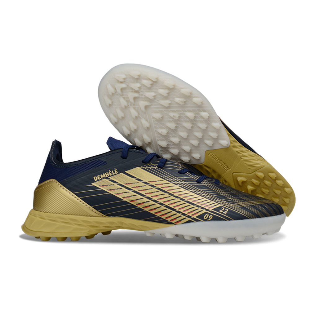 Chuteira Society Adidas F50 TF Azul Marinho e Dourado "Dembélé"