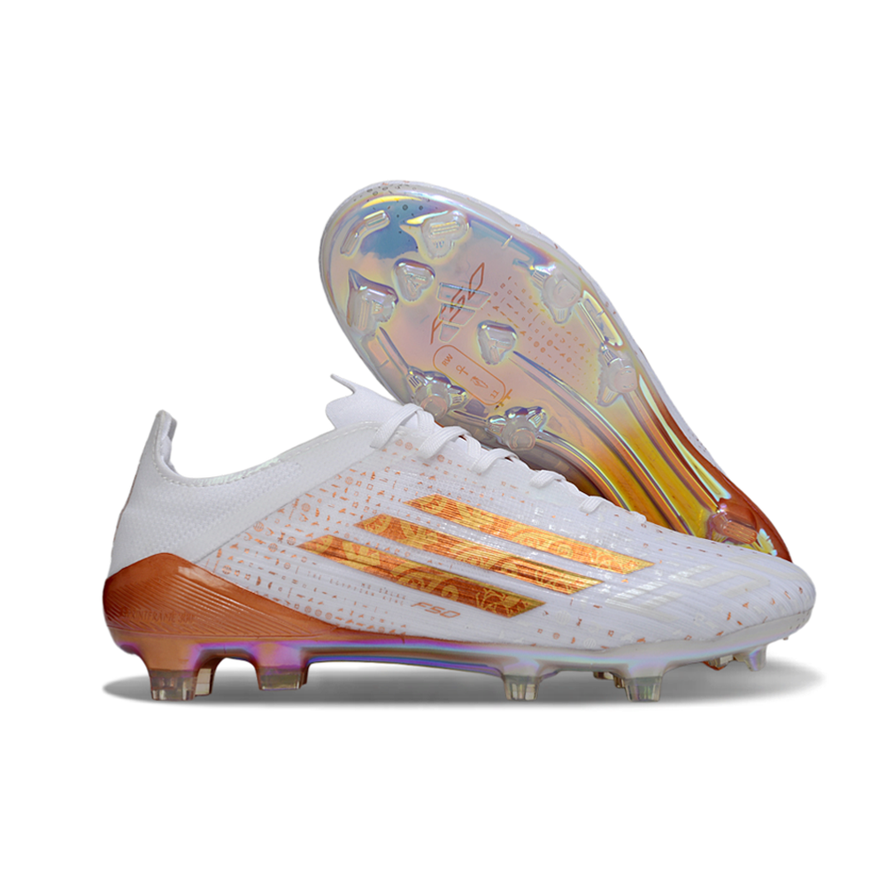 Chuteira Campo Adidas F50 FG Branco e Dourado "Salah"
