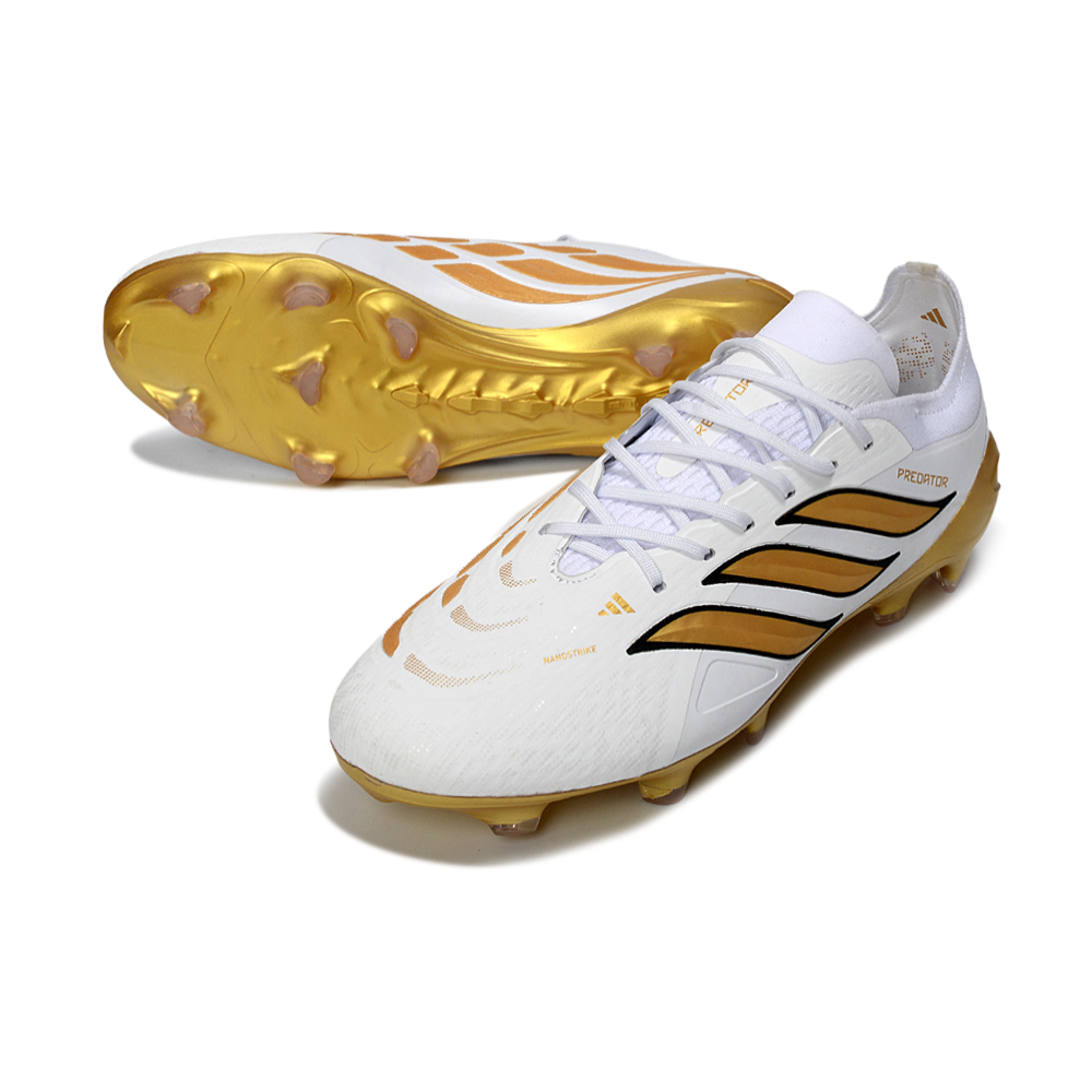 Chuteira Campo Adidas Predator 26 Elite FG Branco e Dourado 
