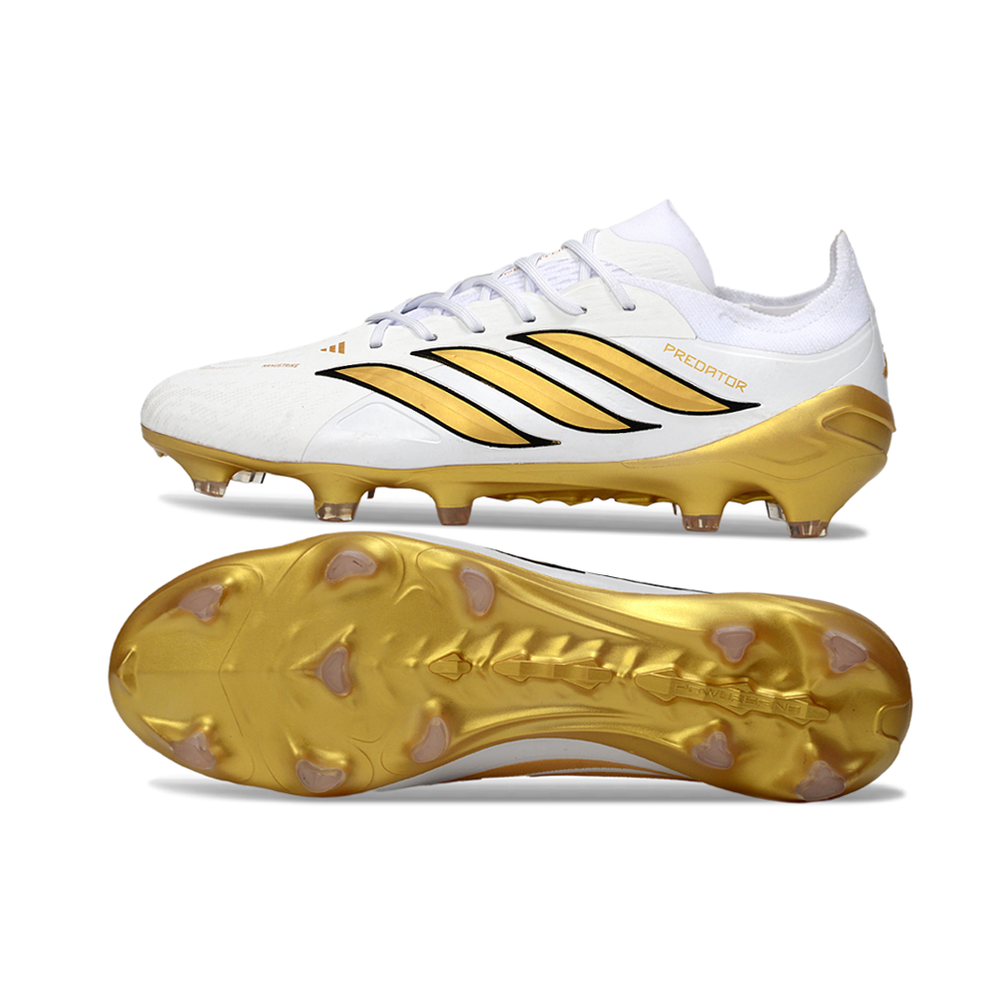 Chuteira Campo Adidas Predator 26 Elite FG Branco e Dourado 