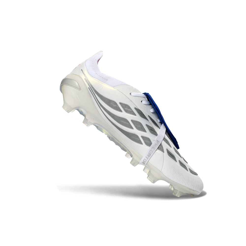 Chuteira Campo Adidas Predator Tongue 26 Elite FG Branco, Prata e Azul 
