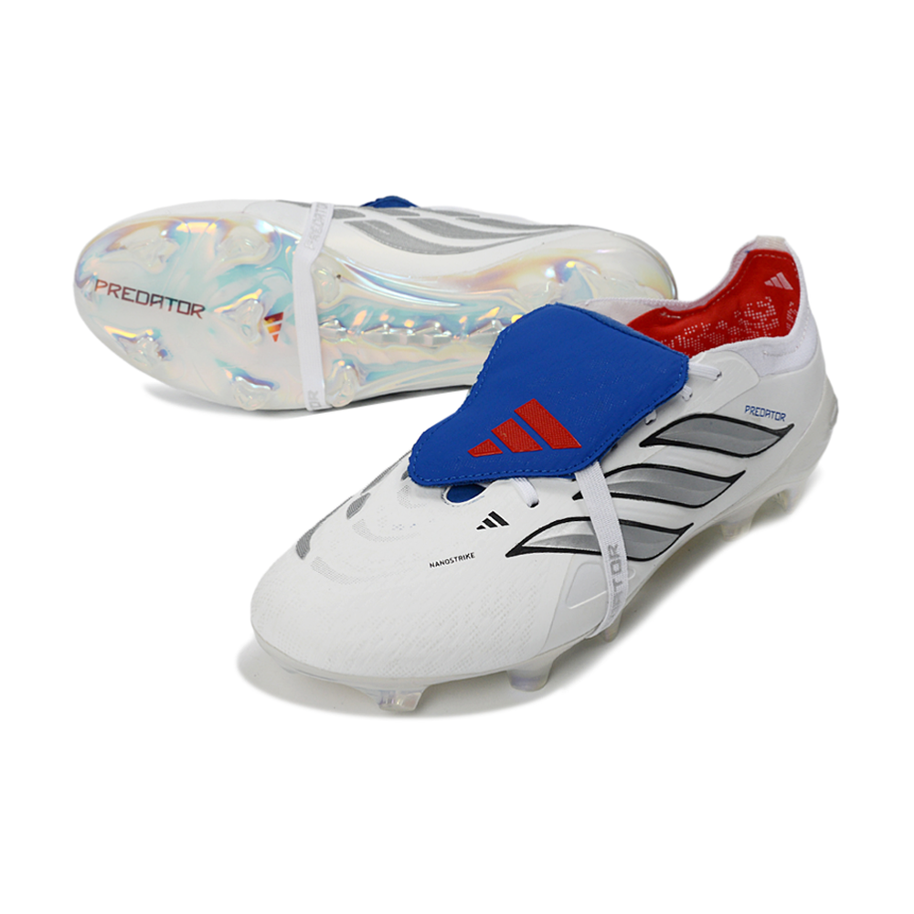Chuteira Campo Adidas Predator Tongue 26 Elite FG Branco, Prata e Azul 