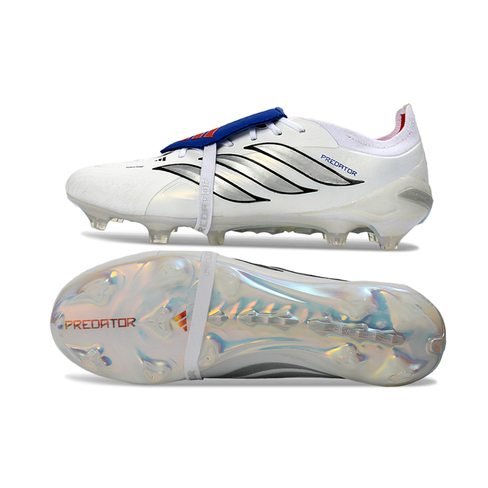 Chuteira Campo Adidas Predator Tongue 26 Elite FG Branco, Prata e Azul 