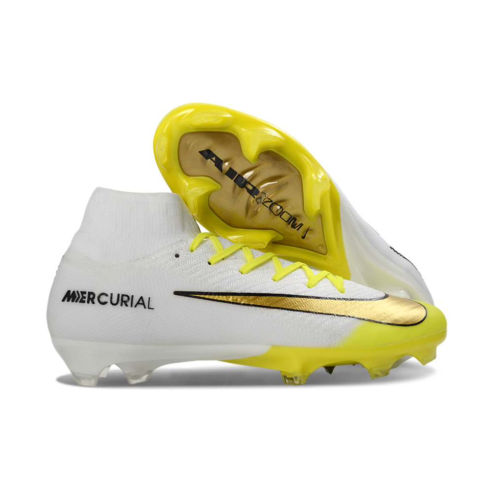 Chuteira Campo Nike Air Zoom Mercurial Superfly 10 Elite FG Branco, Amarelo e Dourado 