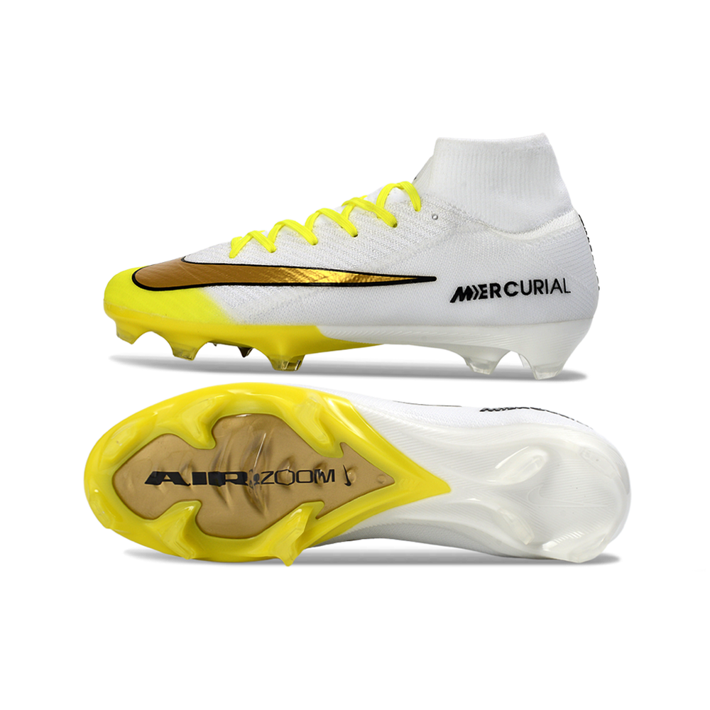 Chuteira Campo Nike Air Zoom Mercurial Superfly 10 Elite FG Branco, Amarelo e Dourado 