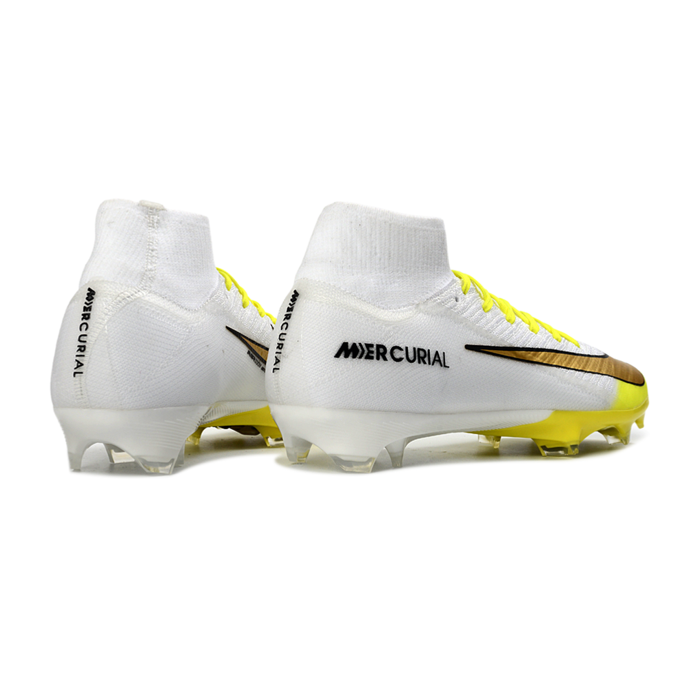 Chuteira Campo Nike Air Zoom Mercurial Superfly 10 Elite FG Branco, Amarelo e Dourado 