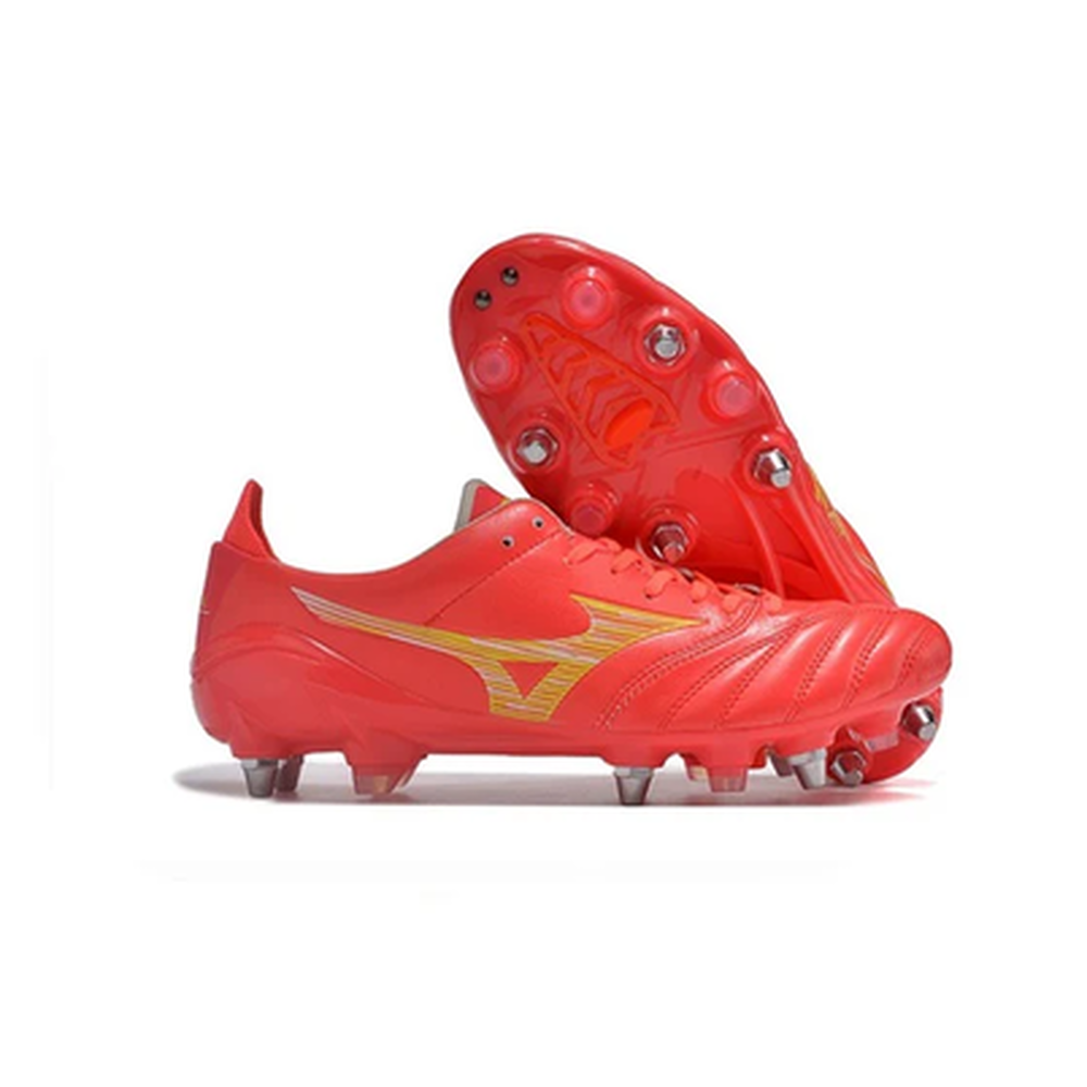 Chuteira Campo Mizuno Morelia Neo 4 Trava Mista Vermelha e Amarela 