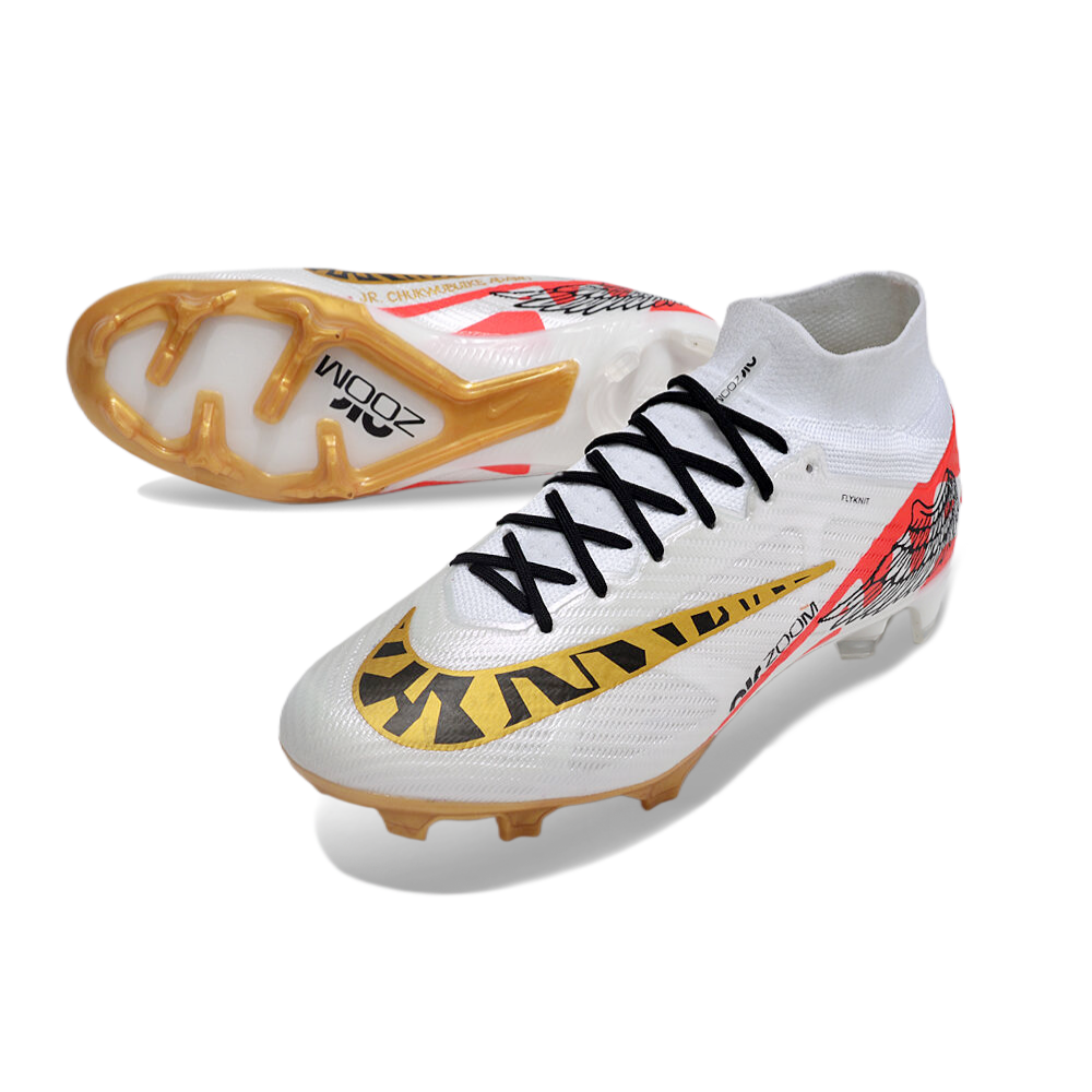 Chuteira Campo Nike Air Zoom Mercurial Superfly 9 Elite FG Branca e Dourada