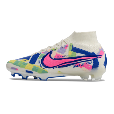 Chuteira Campo Nike Air Zoom Mercurial Superfly 9 Elite FG Branca, Azul e Rosa 