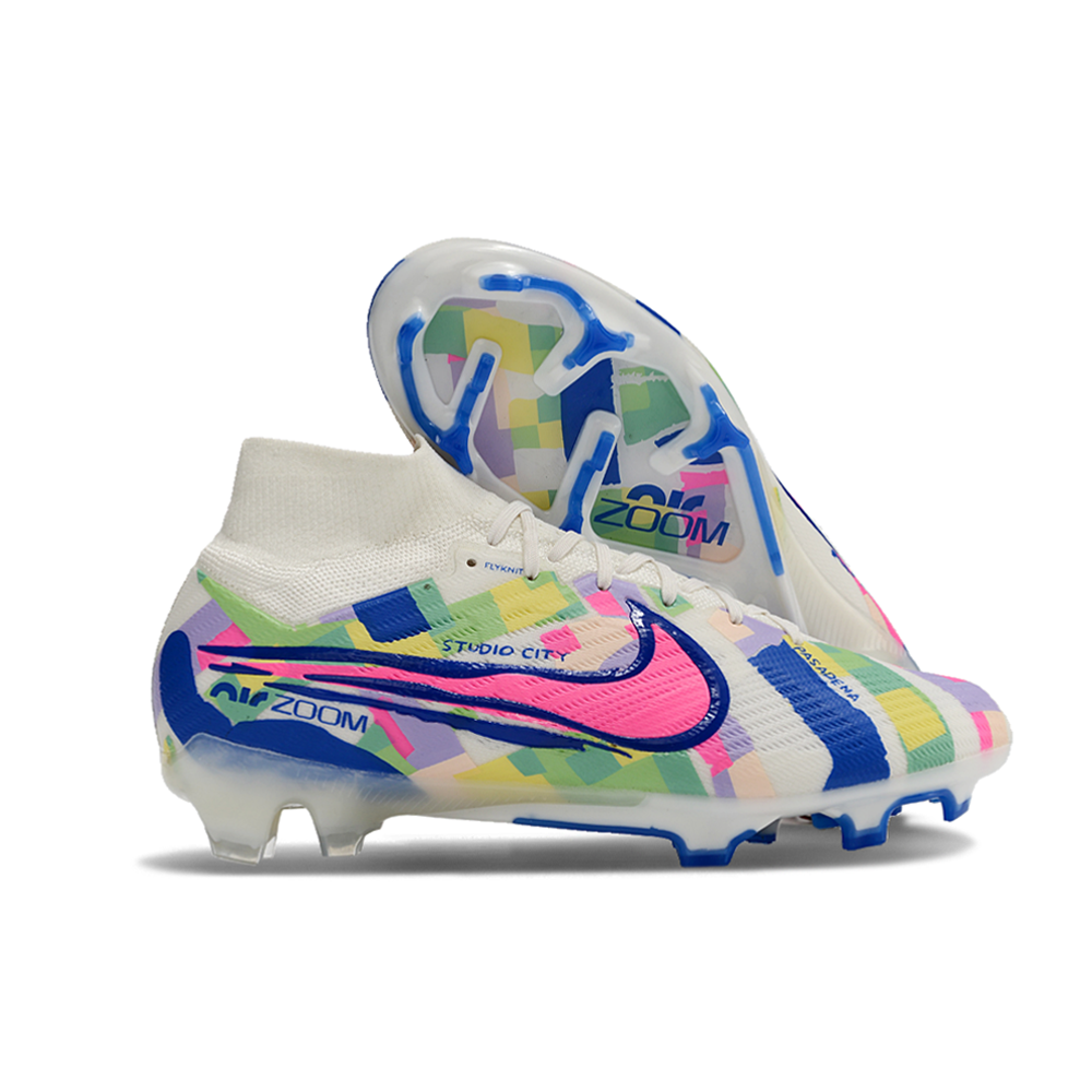 Chuteira Campo Nike Air Zoom Mercurial Superfly 9 Elite FG Branca, Azul e Rosa 
