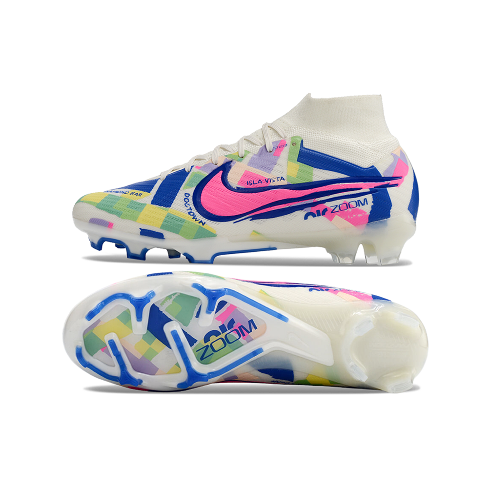 Chuteira Campo Nike Air Zoom Mercurial Superfly 9 Elite FG Branca, Azul e Rosa 