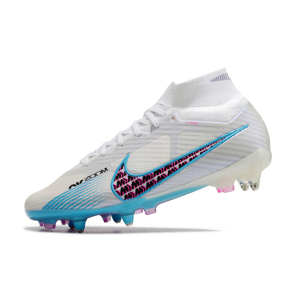 Chuteira Campo Nike Air Zoom Mercurial Superfly 9 Elite Ponta de Aluminio Branca e Azul 