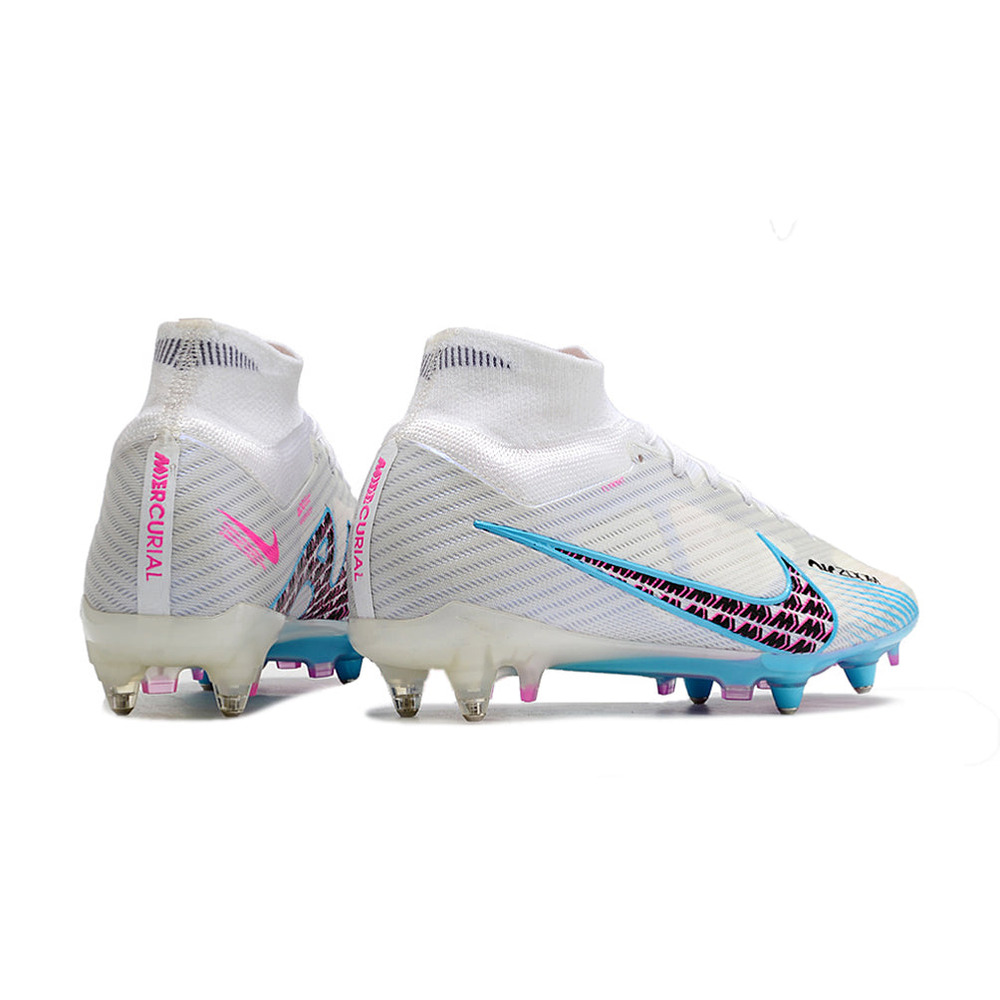 Chuteira Campo Nike Air Zoom Mercurial Superfly 9 Elite Ponta de Aluminio Branca e Azul 