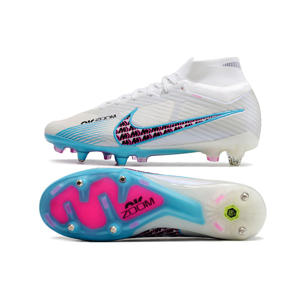 Chuteira Campo Nike Air Zoom Mercurial Superfly 9 Elite Ponta de Aluminio Branca e Azul 
