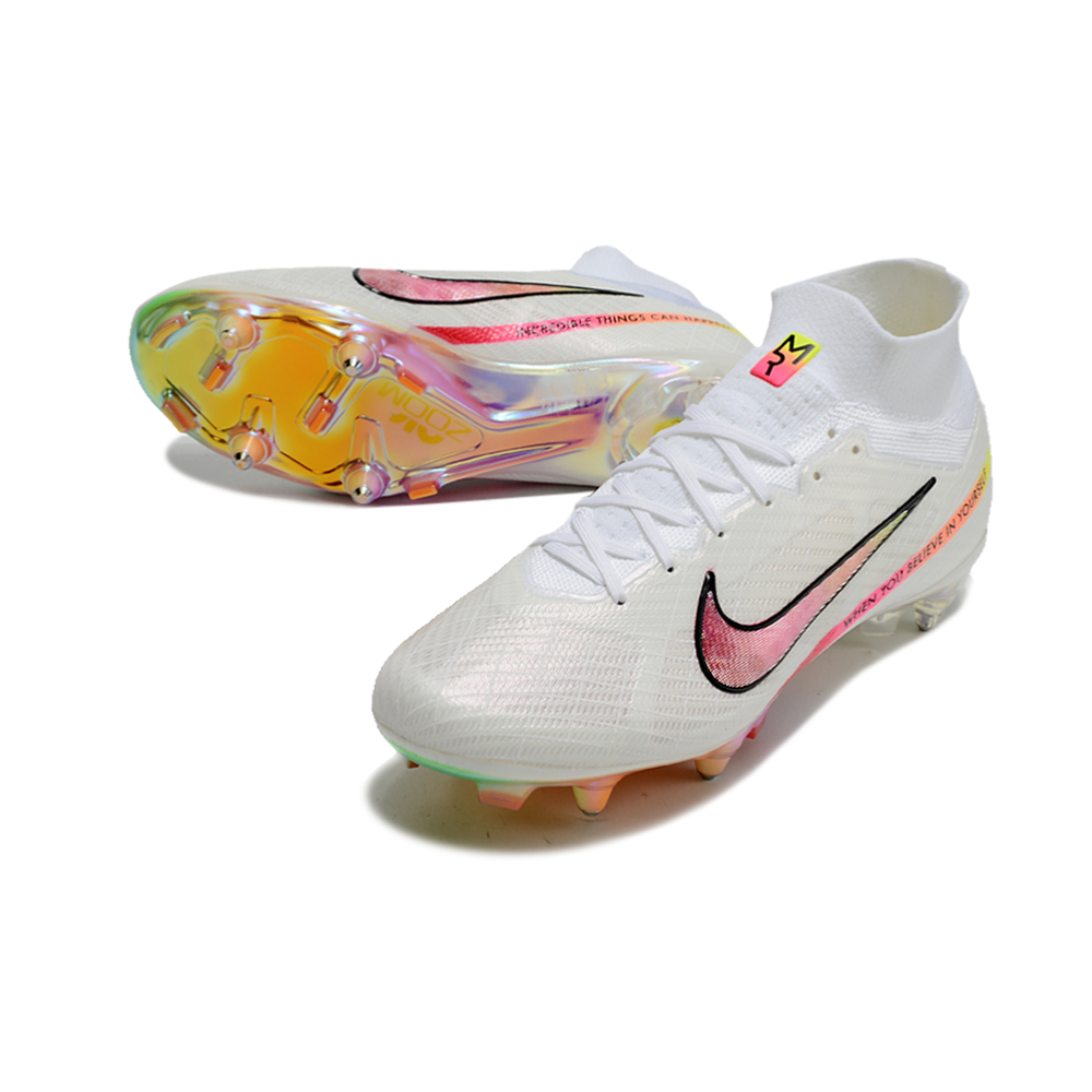 Chuteira Campo Nike Air Zoom Mercurial Superfly 9 Elite Ponta de Aluminio Branca e Rosa 