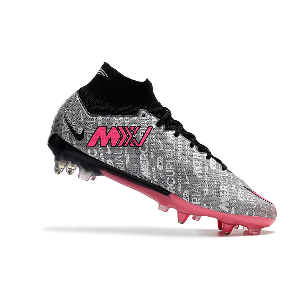Chuteira Campo Nike Air Zoom Mercurial Superfly 9 Elite Ponta de Aluminio Prata e Rosa 