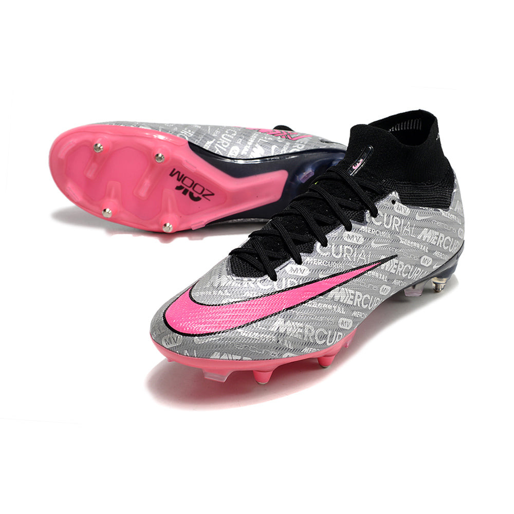 Chuteira Campo Nike Air Zoom Mercurial Superfly 9 Elite Ponta de Aluminio Prata e Rosa 