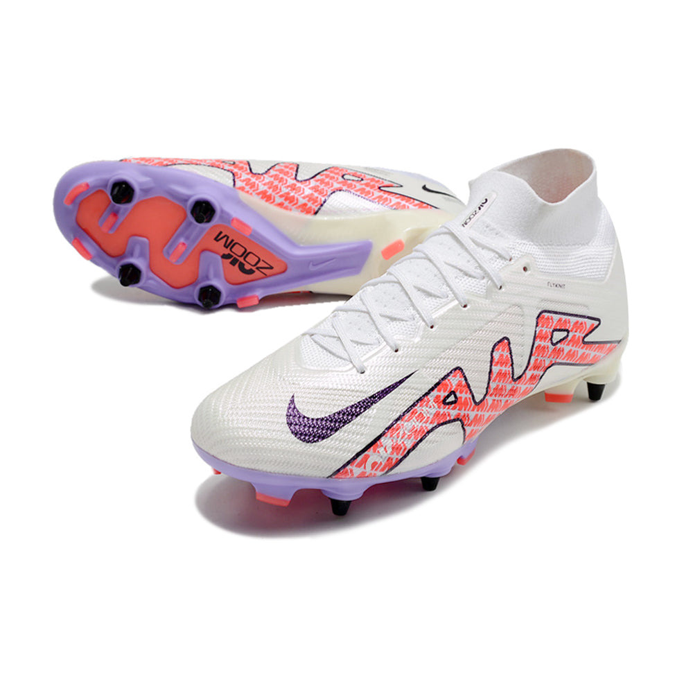 Chuteira Campo Nike Air Zoom Mercurial Superfly 9 Elite Trava Mista Branca e Roxa 