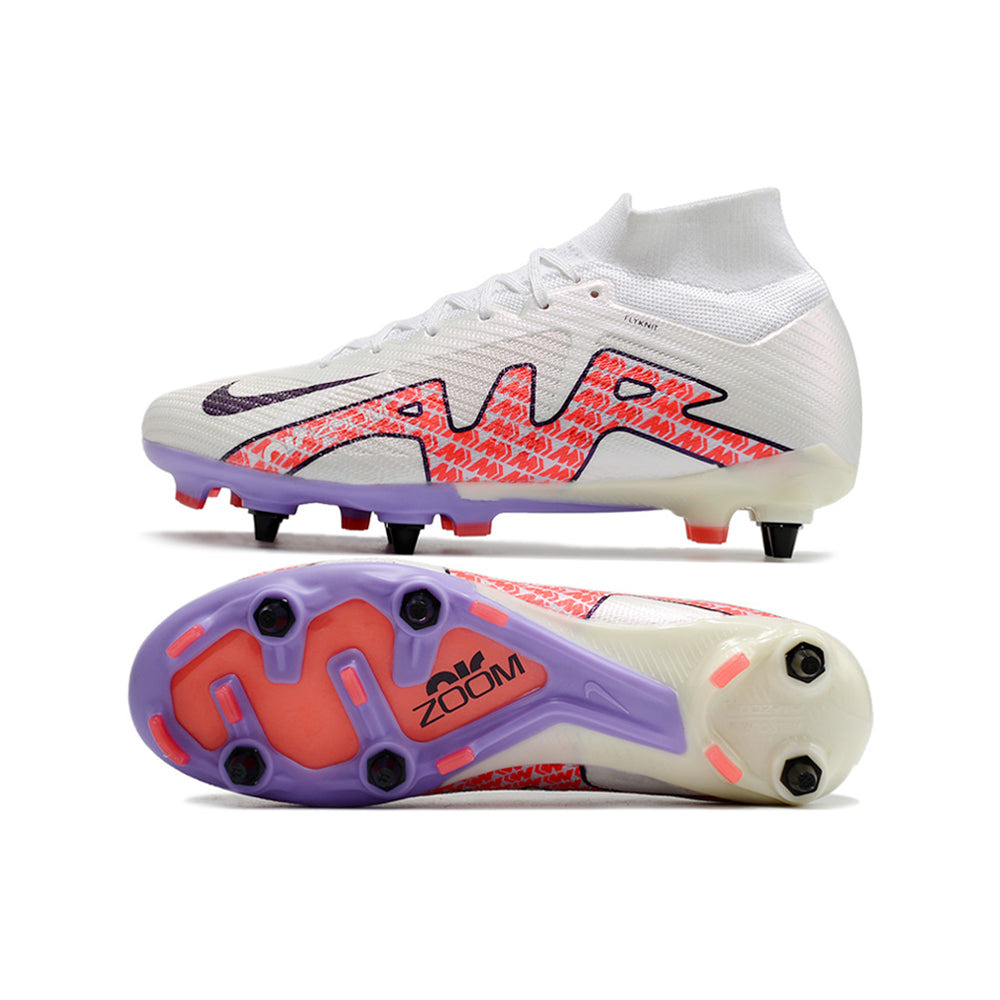 Chuteira Campo Nike Air Zoom Mercurial Superfly 9 Elite Trava Mista Branca e Roxa 