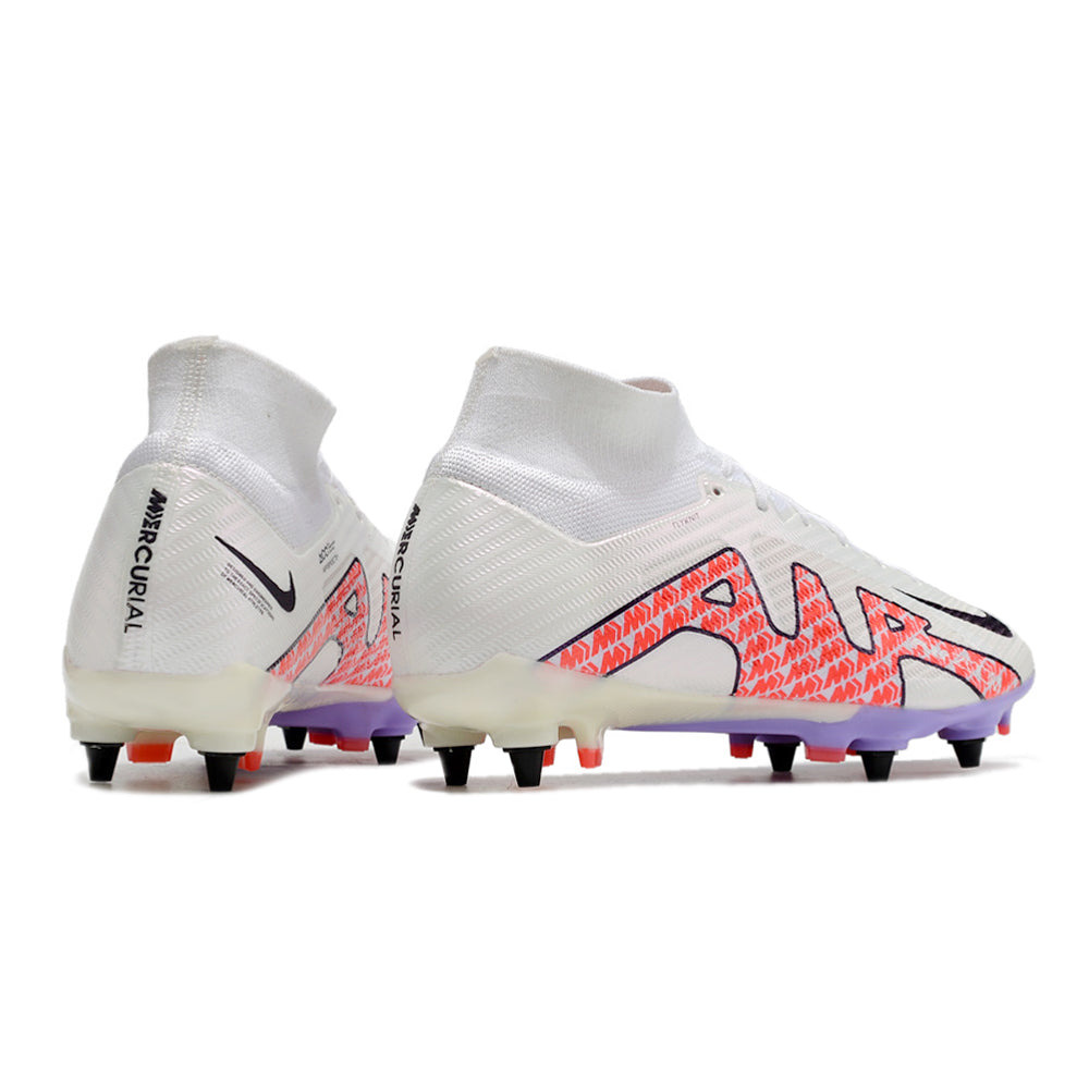 Chuteira Campo Nike Air Zoom Mercurial Superfly 9 Elite Trava Mista Branca e Roxa 