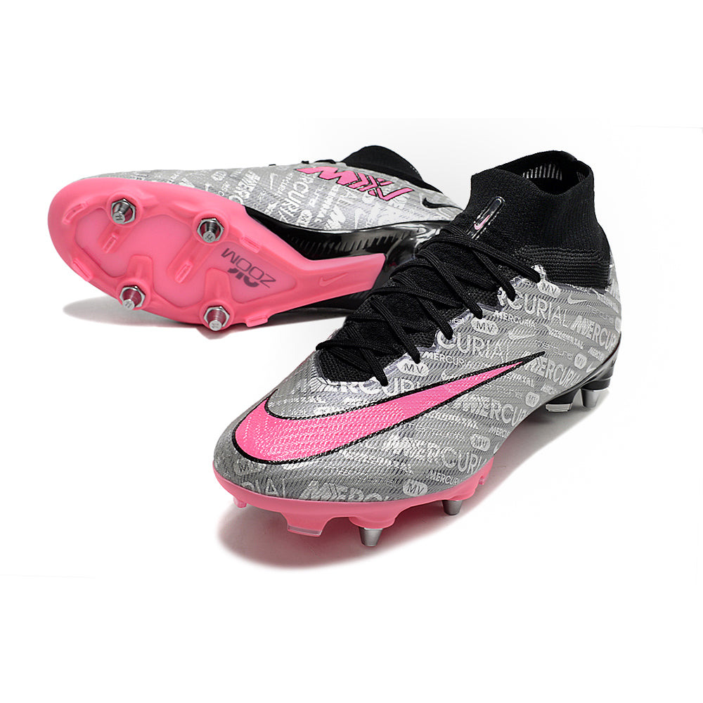 Chuteira Campo Nike Air Zoom Mercurial Superfly 9 Elite Trava Mista Prata e Rosa 