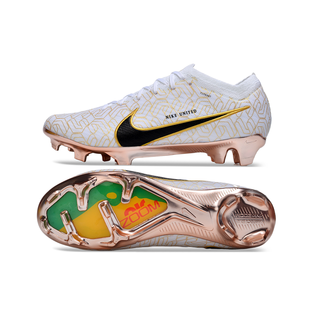 Chuteira Campo Nike Air Zoom Mercurial Vapor 15 Elite FG Branca e Dourada 