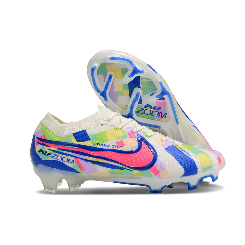 Chuteira Campo Nike Air Zoom Mercurial Vapor 15 Elite FG Branco, Azul e Rosa