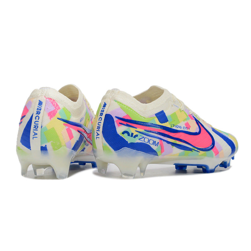 Chuteira Campo Nike Air Zoom Mercurial Vapor 15 Elite FG Branco, Azul e Rosa