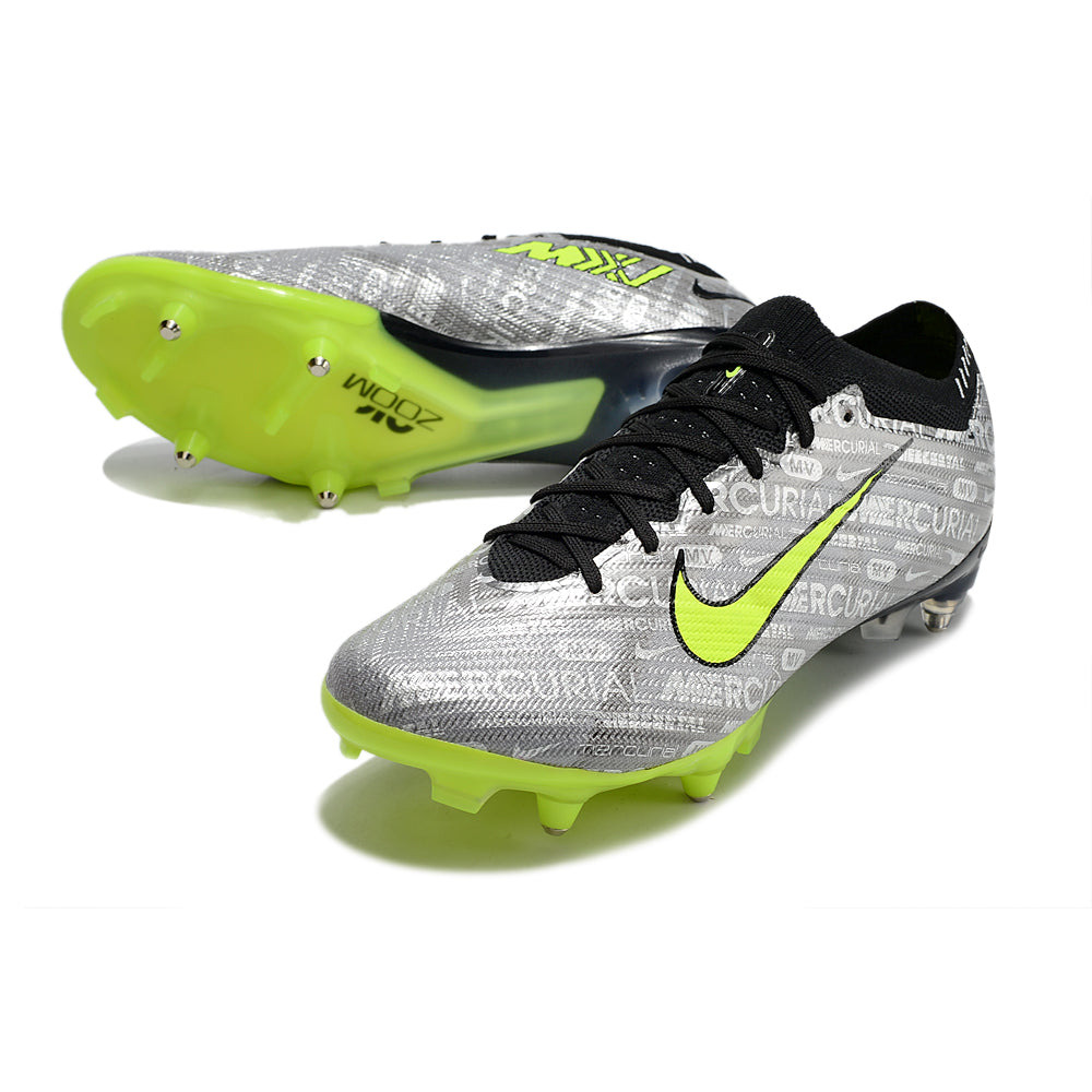 Chuteira Campo Nike Air Zoom Mercurial Vapor 15 Elite Ponta de Aluminio Prata e Verde 
