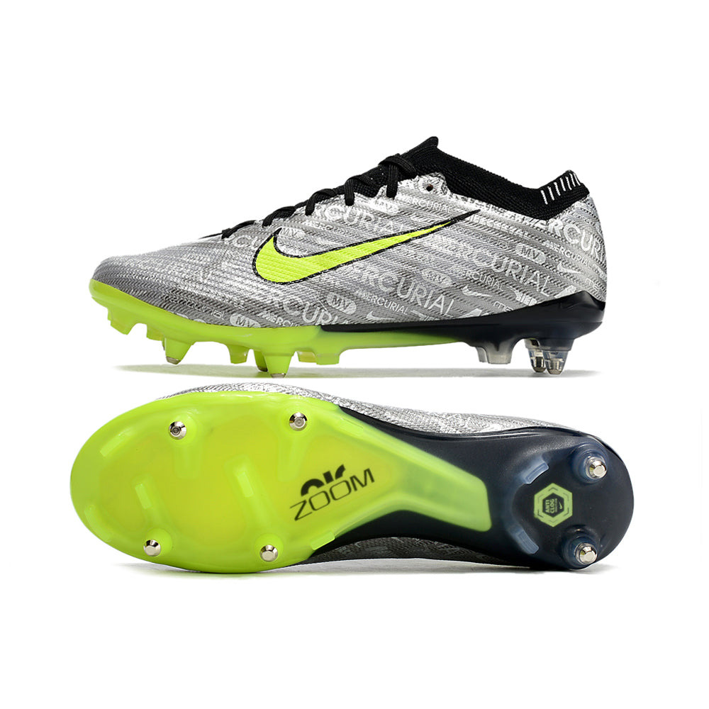 Chuteira Campo Nike Air Zoom Mercurial Vapor 15 Elite Ponta de Aluminio Prata e Verde 