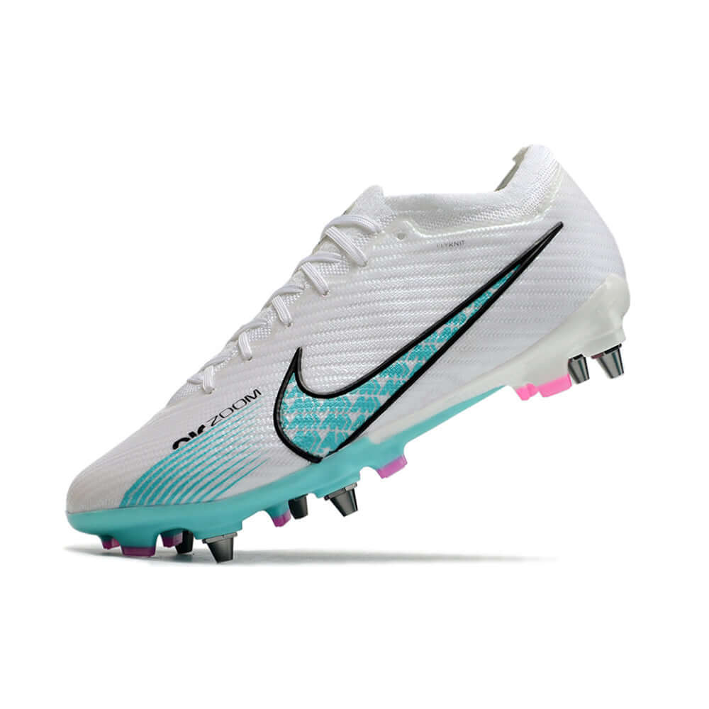 Chuteira Campo Nike Air Zoom Mercurial Vapor 15 Elite Trava Mista Branca, Azul e Rosa
