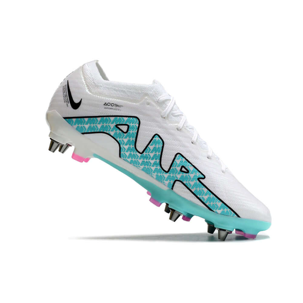 Chuteira Campo Nike Air Zoom Mercurial Vapor 15 Elite Trava Mista Branca, Azul e Rosa