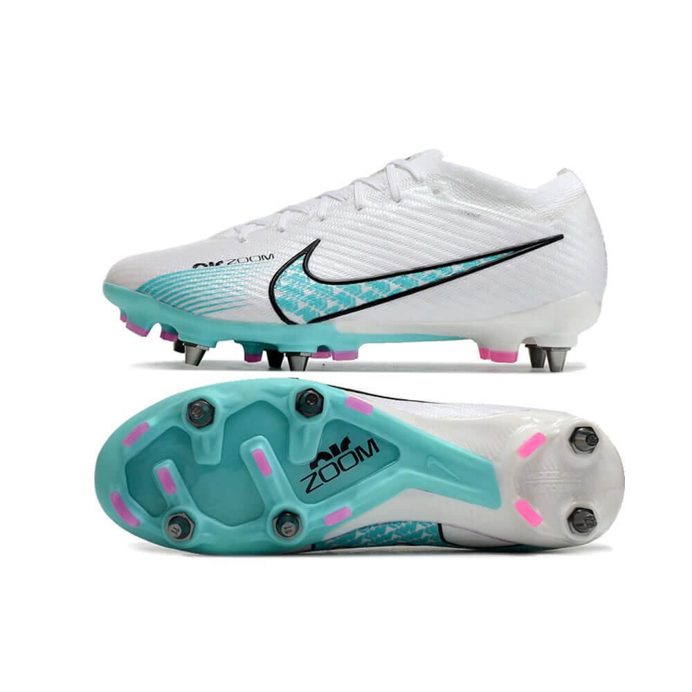 Chuteira Campo Nike Air Zoom Mercurial Vapor 15 Elite Trava Mista Branca, Azul e Rosa