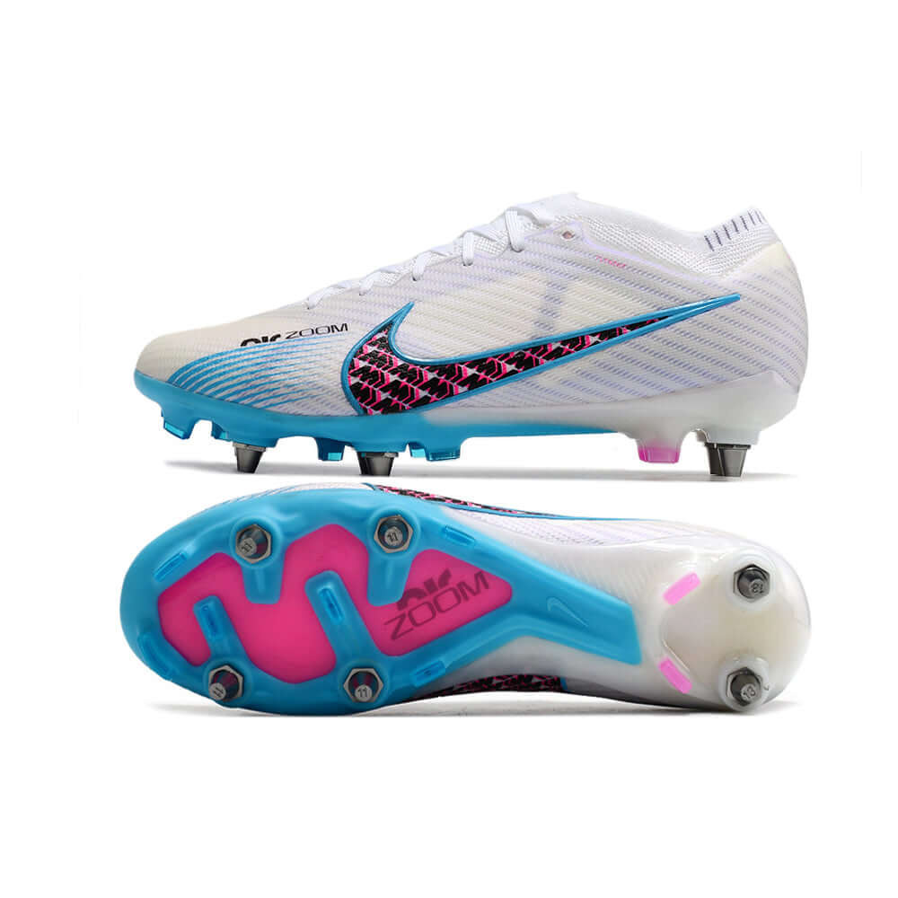 Chuteira Campo Nike Air Zoom Mercurial Vapor 15 Elite Trava Mista Branca, Azul e Rosa 