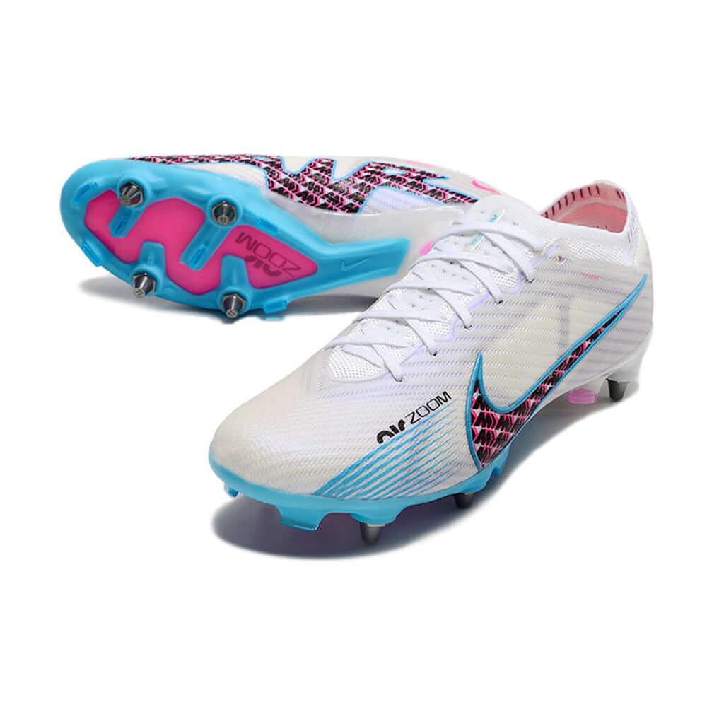 Chuteira Campo Nike Air Zoom Mercurial Vapor 15 Elite Trava Mista Branca, Azul e Rosa 
