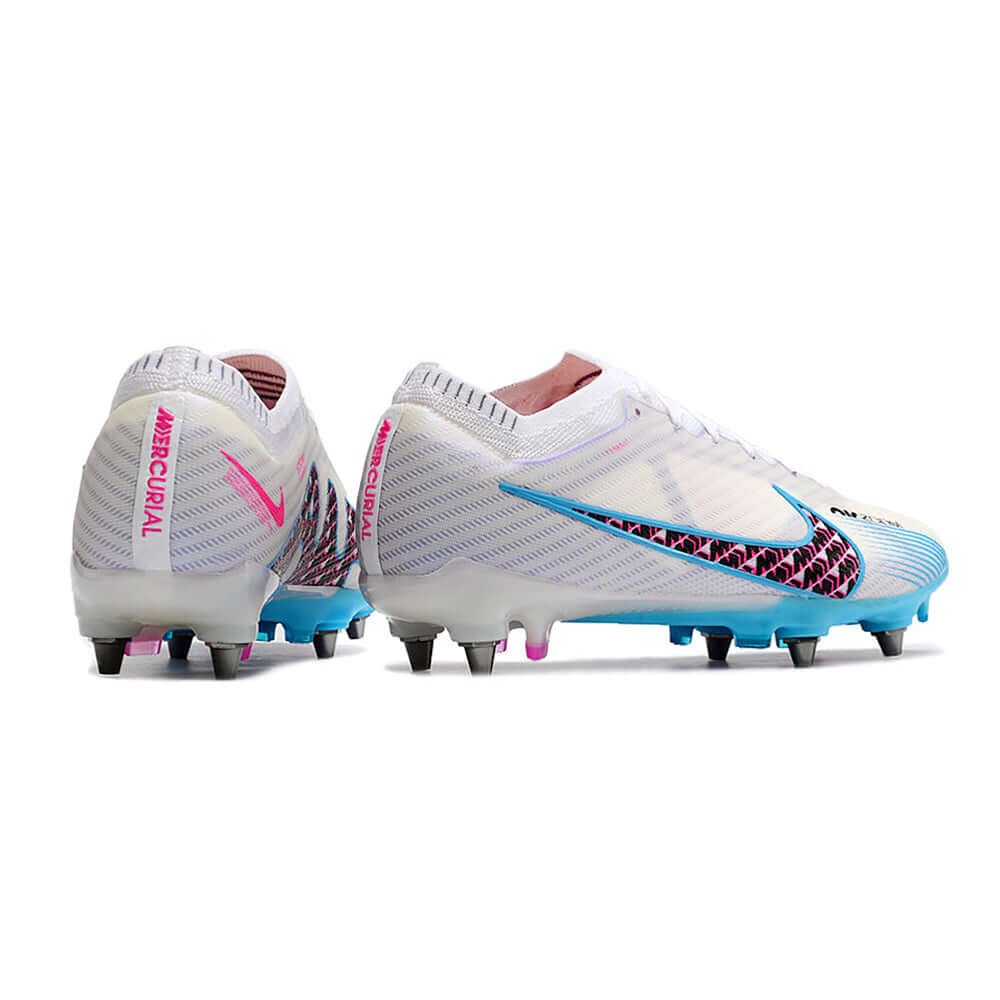 Chuteira Campo Nike Air Zoom Mercurial Vapor 15 Elite Trava Mista Branca, Azul e Rosa 