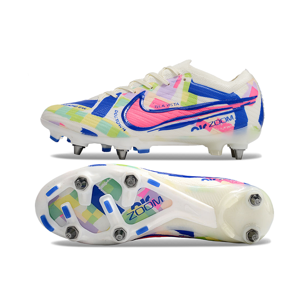 Chuteira Campo Nike Air Zoom Mercurial Vapor 15 Elite Trava Mista Branco, Azul e Rosa