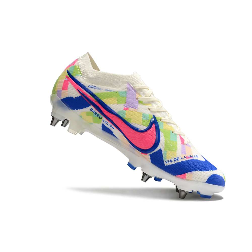 Chuteira Campo Nike Air Zoom Mercurial Vapor 15 Elite Trava Mista Branco, Azul e Rosa