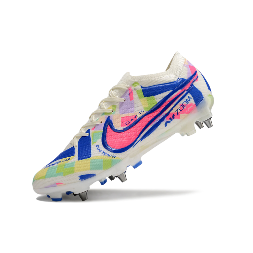 Chuteira Campo Nike Air Zoom Mercurial Vapor 15 Elite Trava Mista Branco, Azul e Rosa