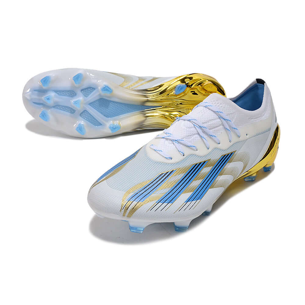 Chuteira Campo Adidas CrazyFast Messi.1 FG Branca, Azul e Dourado 