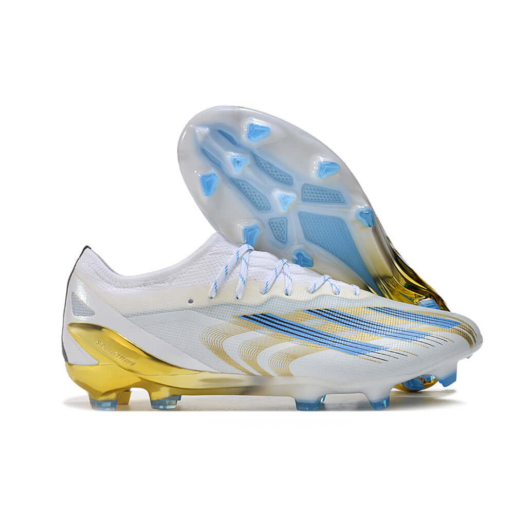 Chuteira Campo Adidas CrazyFast Messi.1 FG Branca, Azul e Dourado 