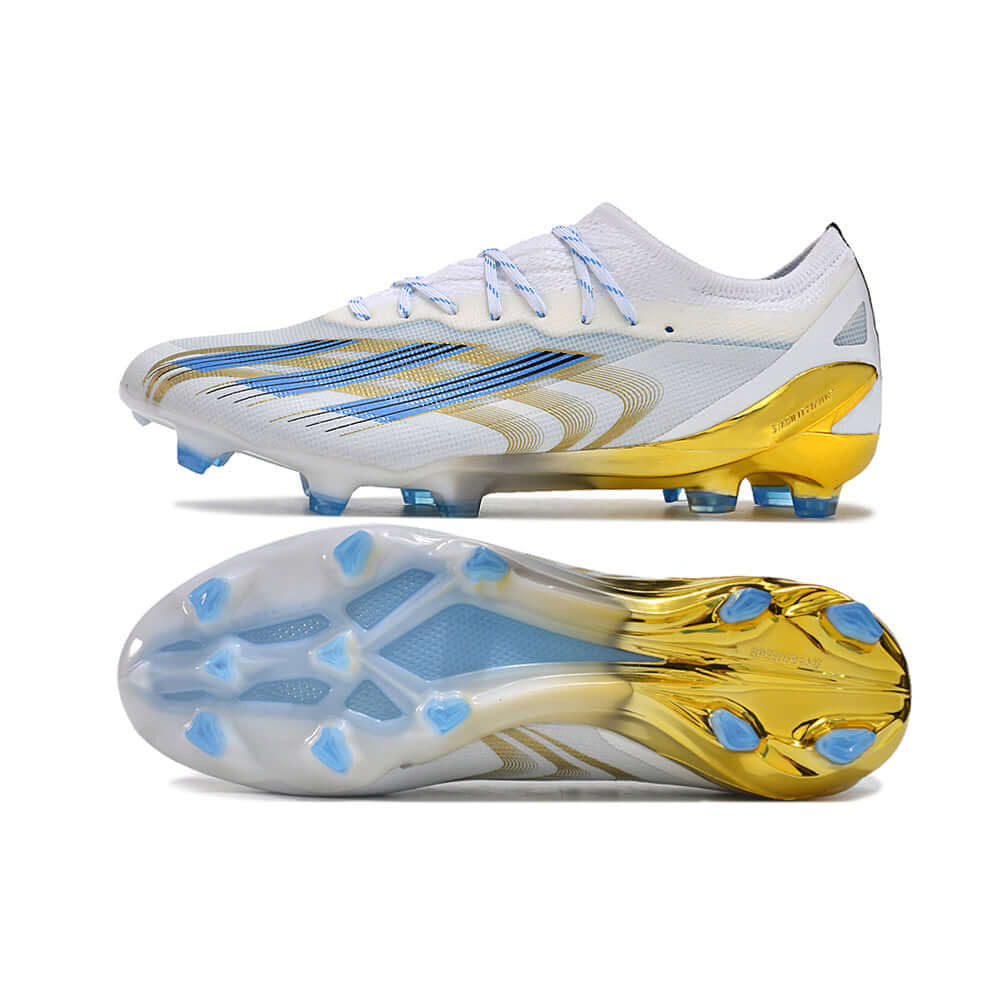 Chuteira Campo Adidas CrazyFast Messi.1 FG Branca, Azul e Dourado 