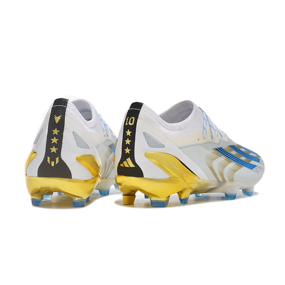 Chuteira Campo Adidas CrazyFast Messi.1 FG Branca, Azul e Dourado 