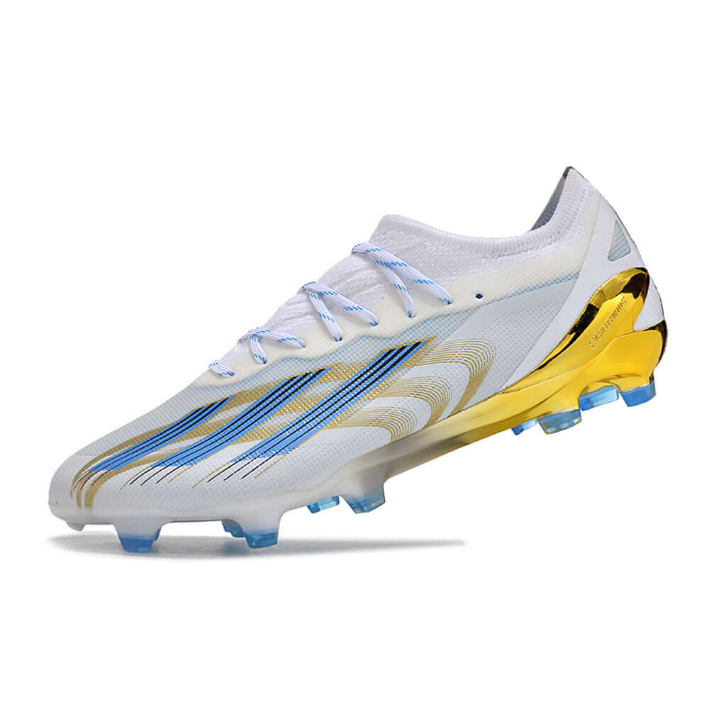 Chuteira Campo Adidas CrazyFast Messi.1 FG Branca, Azul e Dourado 